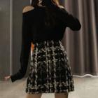 Cold-shoulder Knit Top / Plaid Tweed Mini A-line Skirt