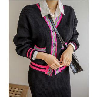 Set: V-neck Pattern-trim Cardigan + Band-waist Midi Skirt
