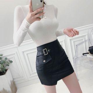 Buckled-trim Faux-leather Mini Skirt