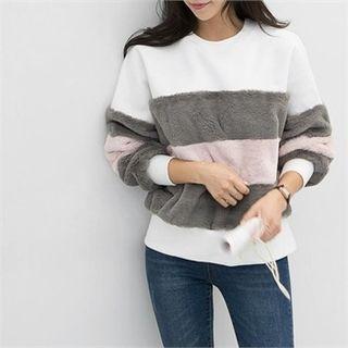 Striped Faux-fur Panel Pullover