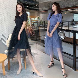 Mesh Panel Drawstring Short-sleeve Midi A-line Dress