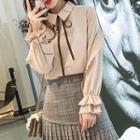 Flared-cuff Bow Shirt / Plaid Mini A-line Skirt / Set