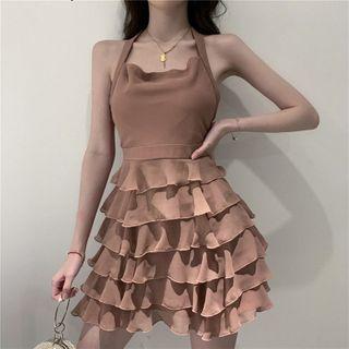 Halter-neck Tiered Chiffon A-line Mini Dress