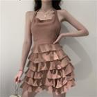 Halter-neck Tiered Chiffon A-line Mini Dress