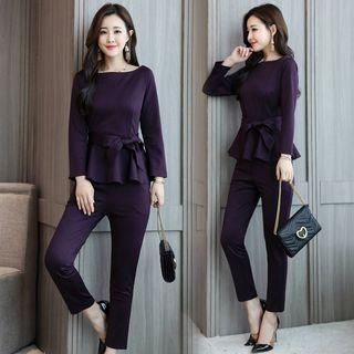 Set: Long-sleeve Peplum Top + Cropped Dress Pants