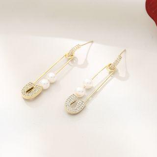 Faux Pearl Rhinestone Safety Pin Dangle Earring 1 Pair - Gold - One Size