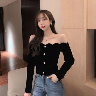 Long-sleeve Off-shoulder Velvet Top Black - One Size