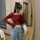 Plain Square-neck Ruched Long-sleeve Cropped Top
