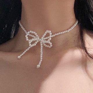 Faux Pearl Bow Choker 1 Pc - Faux Pearl Bow Choker - One Size