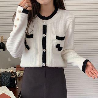 Contrast Trim Floral Cardigan White - One Size