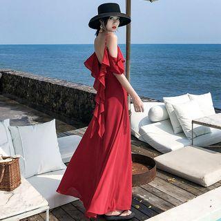 Spaghetti Strap Scoop-back Ruffled A-line Maxi Dress