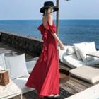 Spaghetti Strap Scoop-back Ruffled A-line Maxi Dress