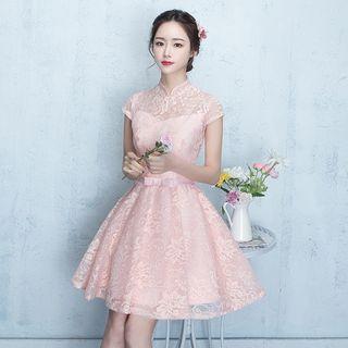 Cap Sleeve Mandarin Collar Lace Mini Prom Dress