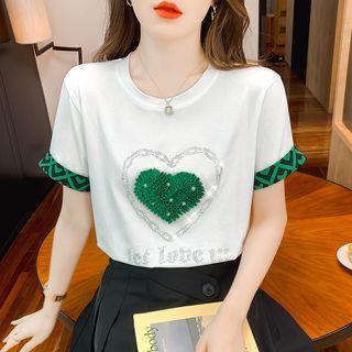Short-sleeve Rhinestone Heart Lettering T-shirt