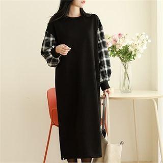 Plaid-sleeve Long Sweatshirt Dress