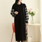 Plaid-sleeve Long Sweatshirt Dress