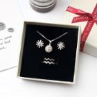 Set Of 3: Rhinestone Pendant Necklace + Earring + Layered Ring