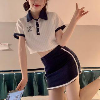 Short-sleeve Collared Lettering Striped Cropped Top / High-waist Contrast Trim Skirt