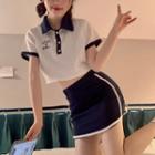 Short-sleeve Collared Lettering Striped Cropped Top / High-waist Contrast Trim Skirt
