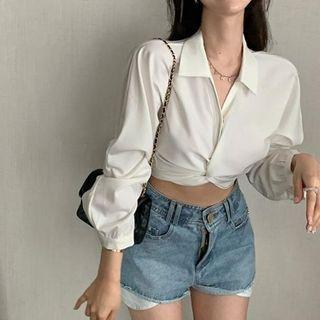 Plain Tie-back Cropped Blouse White - One Size