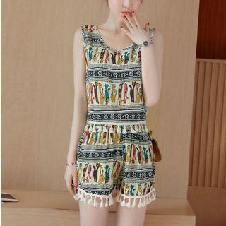 Set: Print Sleeveless Tassel Top + Tassel Shorts
