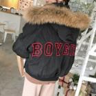 Lettering Applique Furry Trim Hooded Padded Jacket