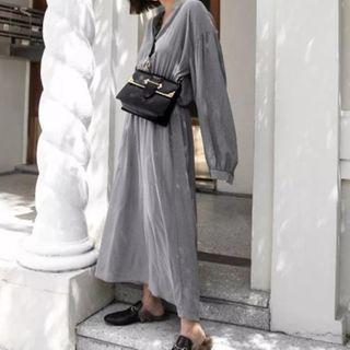 Long-sleeve Maxi A-line Dress Silver Gray - One Size