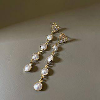 Heart Faux Pearl Dangle Earring 1 Pair - Silver Pin - Gold - One Size
