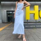 Denim A-line Long Overall Dress Light Blue - One Size