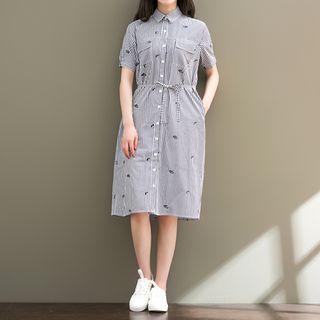 Embroidered Striped Short-sleeve Midi Shirt Dress