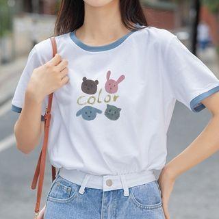 Short-sleeve Contrast Trim Animal Print T-shirt