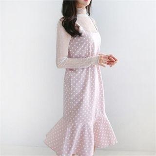 Ruffle-hem Polka-dot Pinafore Dress