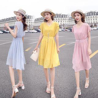 V-neck Flutter Sleeve A-line Dress