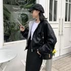 Long-sleeve Leather Hooded Jacket Black - One Size