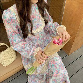 Long-sleeve Floral Print Midi A-line Dress Blue & Pink & Purple - One Size