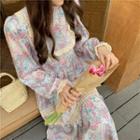Long-sleeve Floral Print Midi A-line Dress Blue & Pink & Purple - One Size
