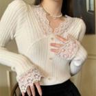 Long-sleeve V-neck Lace Velvet Top