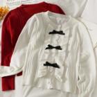 Ribbon-accent Ruffle-trim Knit Top
