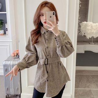 Lapel Plaid Shirt With Belt
