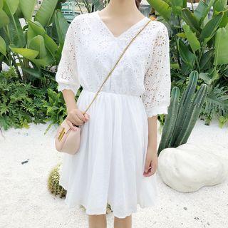 V-neck Cutout Elbow-sleeve Dress