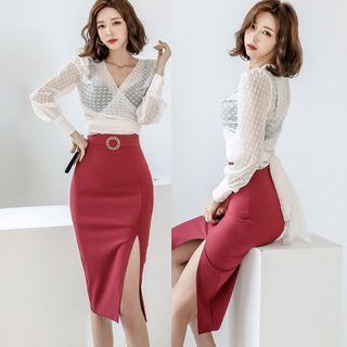 Set: Mesh Blouse + Midi Skirt