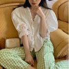 Ruffled Bell-sleeve Blouse / High-waist Check Straight Leg Pants
