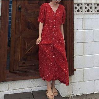Short-sleeve Heart Print Midi Shirt Dress