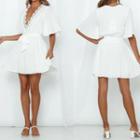 Elbow-sleeve Lace Trim A-line Mini Dress