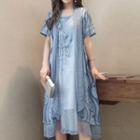 Set: Embroidered Tank Dress + Lace Short Sleeve Coat