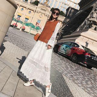 Gather-waist Crochet-trim Midi Dress