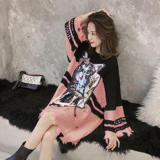 Print Loose-fit V-neck Sweater Pink - One Size