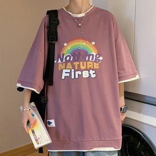 Mock Two-piece Short-sleeve Rainbow Print T-shirt