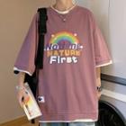 Mock Two-piece Short-sleeve Rainbow Print T-shirt