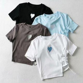 Short-sleeve Heart Embroidered Drawstring T-shirt
